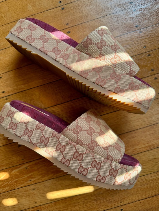 Gucci Shoes - Gucci Beige and Pink GG Monogram Platform Slide Sandals